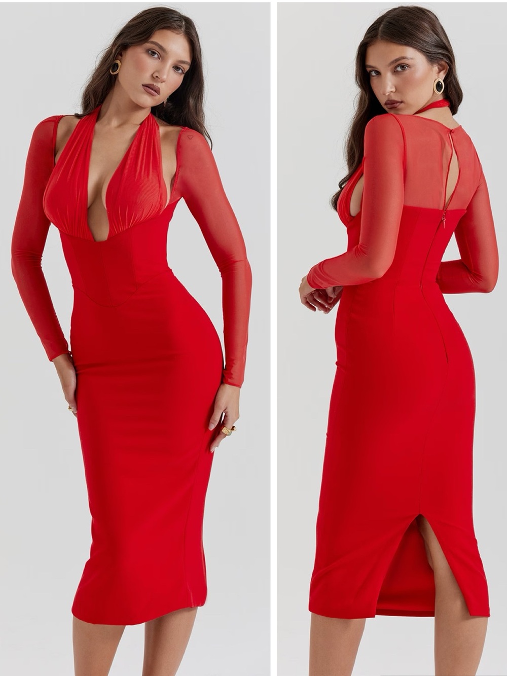 NWT House of CB Yasmin Scarlet Plunge Midi Dress True Red size M Bodycon - Picture 16 of 16